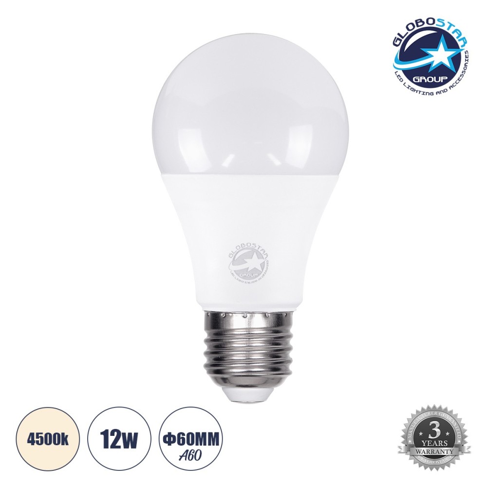 GLOBOSTAR® GLOBE 60031 Λάμπα E27 A60 LED 12W 1356lm 260° AC 220-240V IP20 Φυσικό Λευκό 4500K - Lumileds SMD Chip - Λευκό Γαλακτερό - Μ6 x Π6 x Υ11cm - 3 Χρόνια Εγγύηση